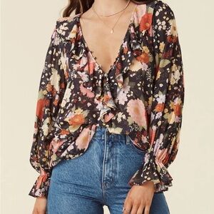 SPELL Sangria Floral Ruffle Front Peasant Blouse in Nightshade